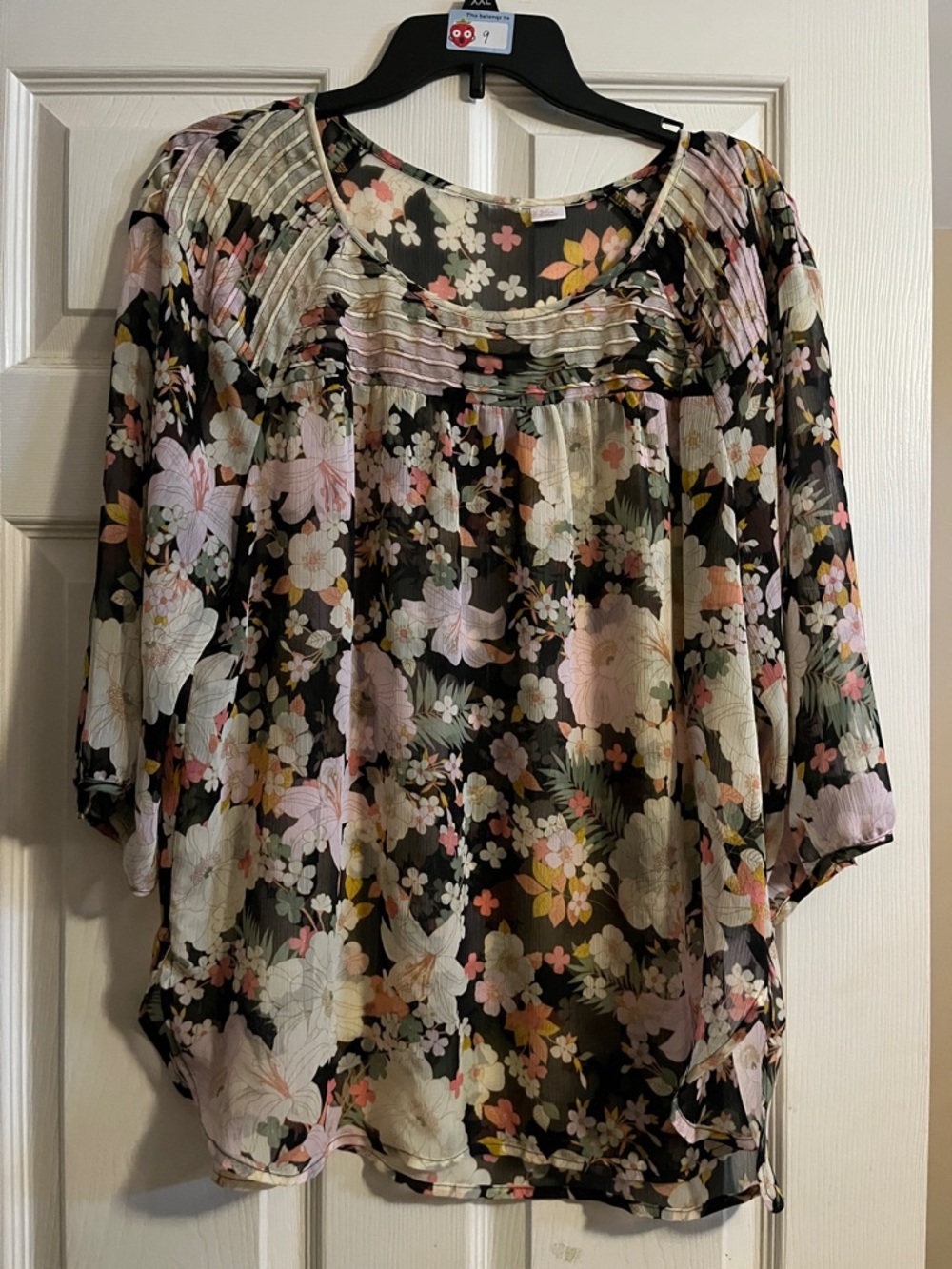 Floral Pintuck Sheer Blouse - Black with Pink & Cream Flowers